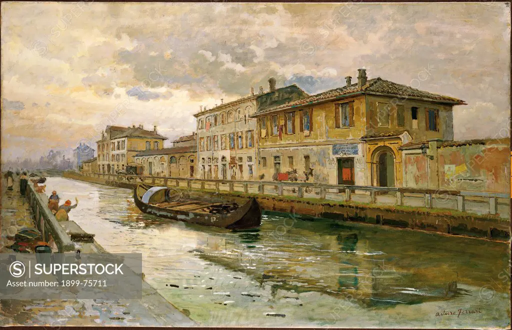 Naviglio of Pavia near the lock Conchetta (Naviglio di Pavia presso la Conchetta), by Arturo Ferrari, 19th Century, oil on canvas, 86 x 133 cm