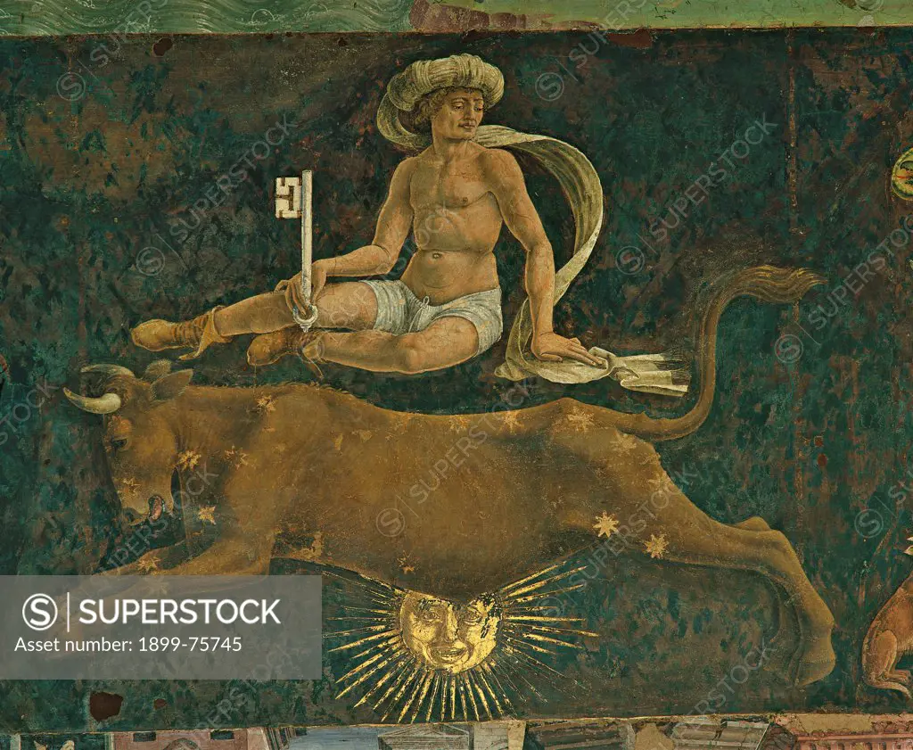 Allegory of April: Astrological Symbols of Taurus (Mese di Aprile: Simboli astrologici del Toro), by Francesco del Cossa, 1469-1470, 15th Century, fresco