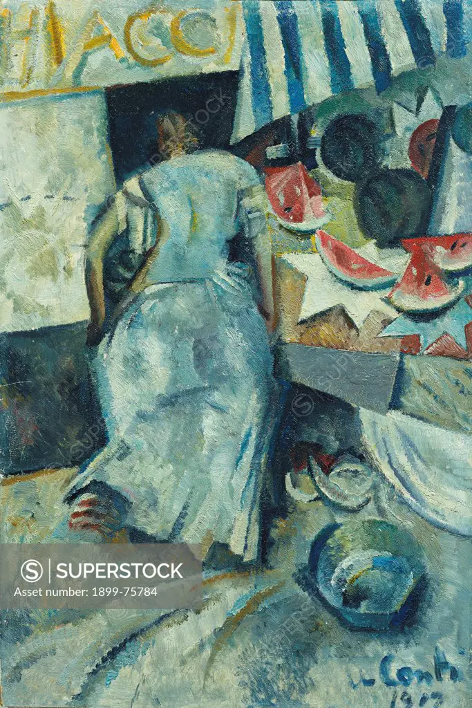 The Watermelon Seller (La cocomeraia), by Primo Conti, 1917, 20th Century, oil and collage on panel, 54 x 36 cm