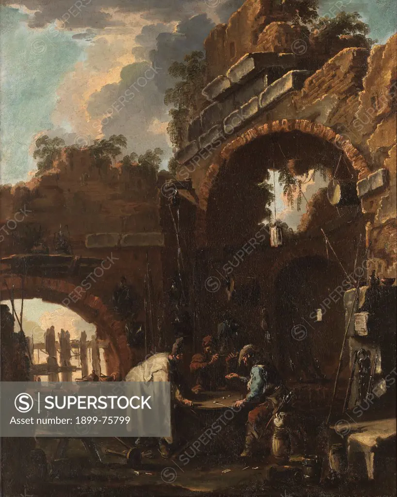 Ruins with Soldiers Playing Dice (Rovine con soldati che giocano ai dadi), by Alessandro Magnasco known as il Lissandrino, Clemente Spera, 18th Century, oil on canvas, 73 x 58 cm