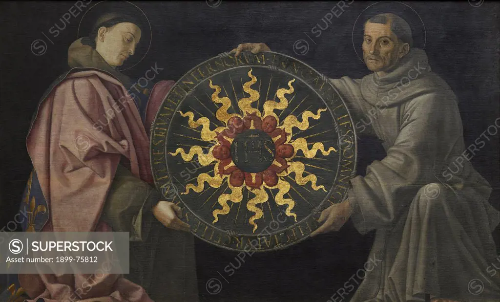 St. Ludovic and St. Francis introduce the monogram of Christ (San Ludovico e San Francesco reggono il monogramma di Cristo), by Francesco Bonsignori, 15th Century, oil on canvas, 69 x 65 cm