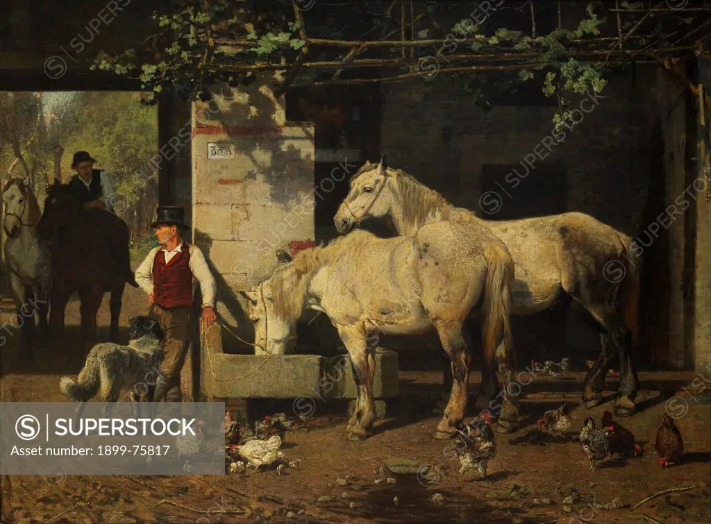Animals at the watering place (Animali all'abbeveratoio), by Luigi Chialiva, 1868, 19th Century, oil on canvas, 84 x 120 cm