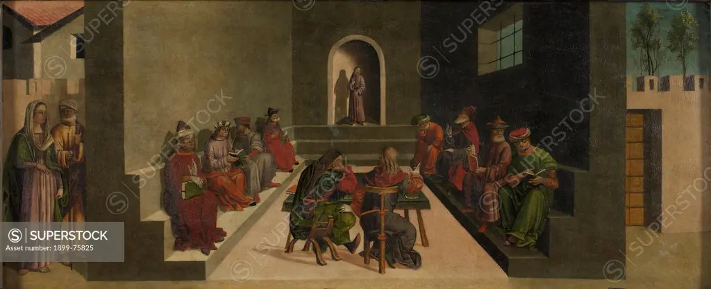 The dispute among the doctors (La disputa fra i dottori), by Vincenzo Pagani and Giovanni Pagani, 1517, 16th Century, painting on board, 32 x 78 cm