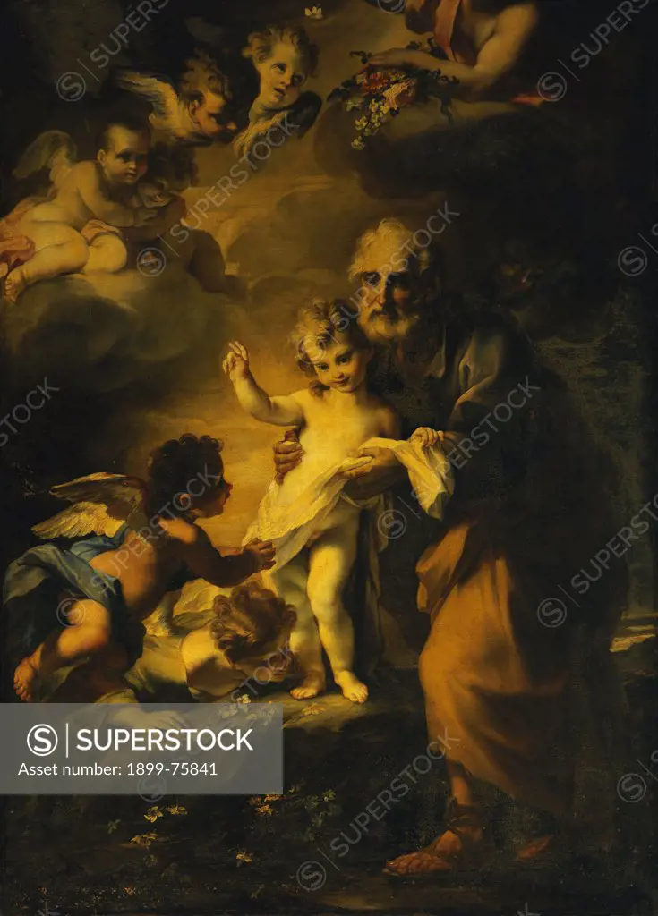 Saint Joseph with the Child and angels (San Giuseppe col Bambino Ges e angeli), by Stefano Maria Legnani known as Legnanino, 1693, 17th Century, olio on canvas, 298 x 200 cm