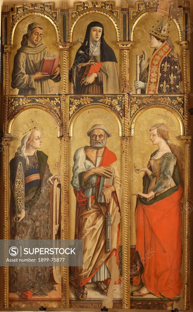 Polyptyc of Montefiore dell'Aso. Saint Catherine, Saint Peter, Saint Mary Magdalene, a Franciscan Saint, Saint Chiara, Saint Louis of Toulouse, by Carlo Crivelli, 1475, 15th Century, tempera and gold on board