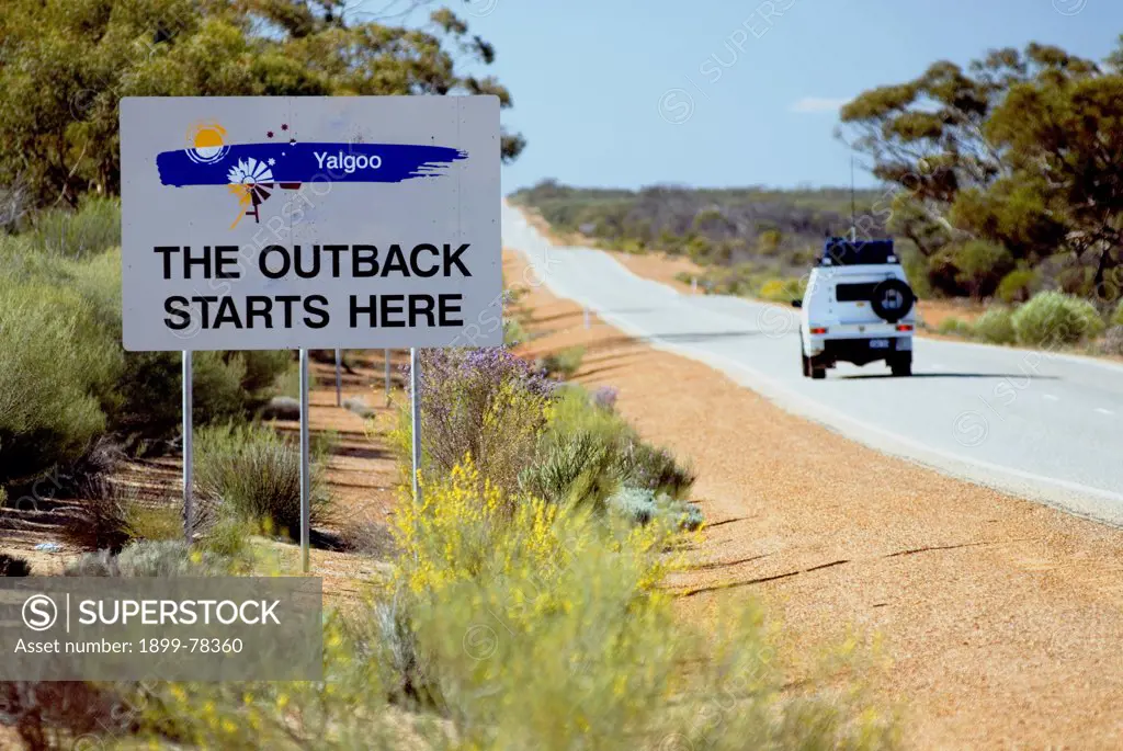 Road sign welcoming travellers to the outback Great Northern Highway, north of Perth, Western Australia