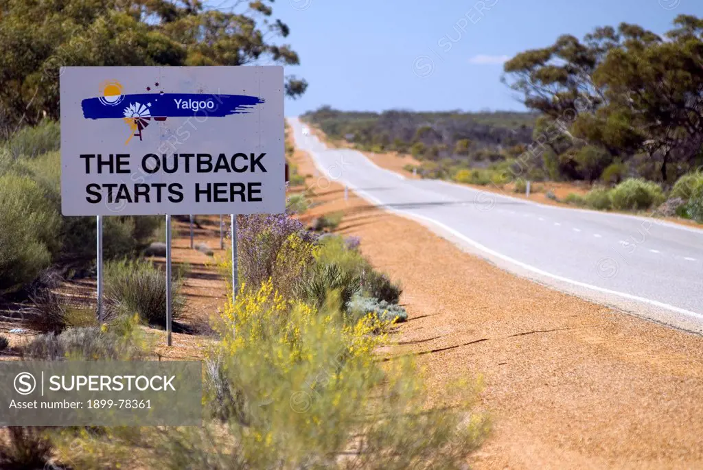 Road sign welcoming travellers to the outback Great Northern Highway, north of Perth, Western Australia