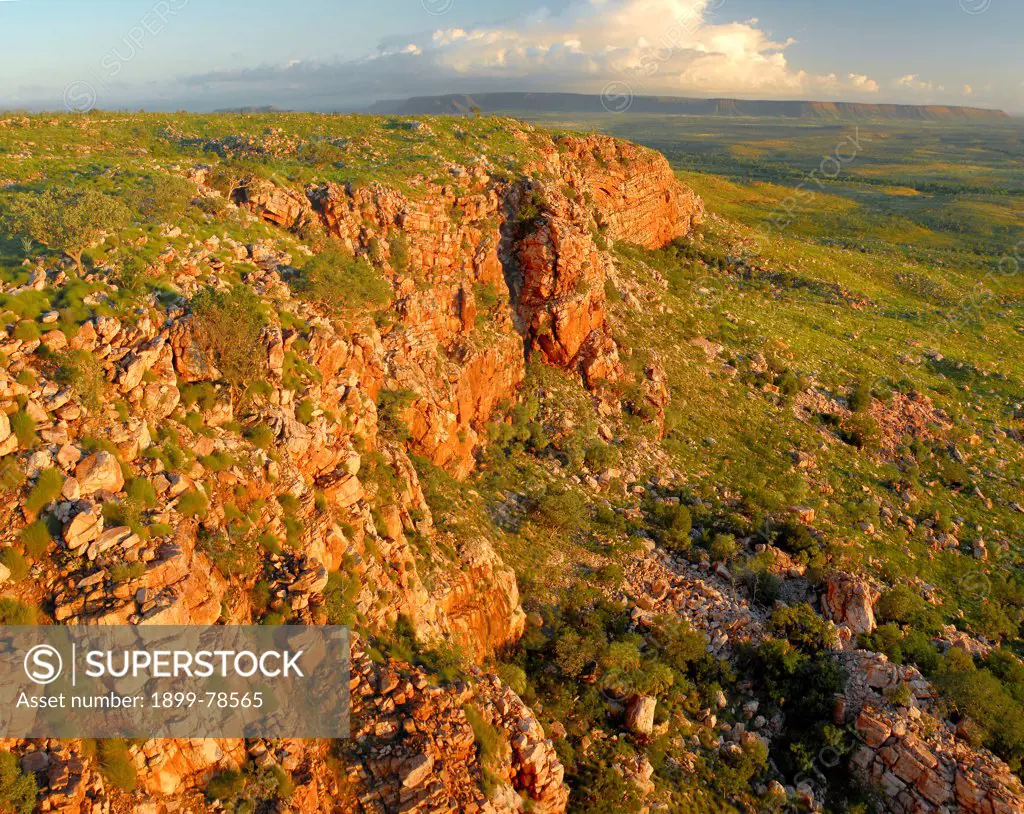 Dawn light illuminates the rugged cliffs and gullies of ancient sedimentary rock, the King Leopold Ranges, Mornington Wildlife Sanctuary, central Kimberley, Western Australia