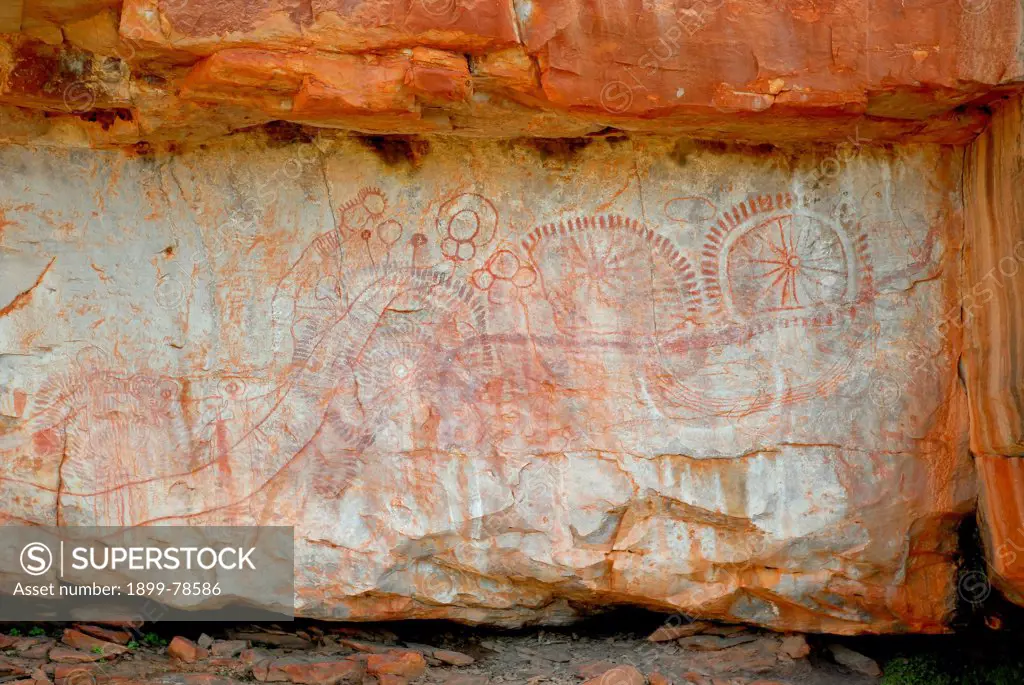 Gallery of rock art on a remote gorge wall of the Traine River Bault Face Ranges inaccessible except by a hovering helicopter,Mornington Wildlife Sanctuary, central Kimberley, Western Australia