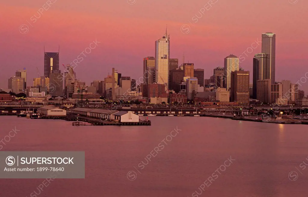 Docklands and city at sunset, Melbourne, Victoria, Australia