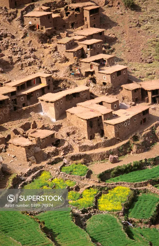 village view from hillside high above, Region of Marrakech, High Atlas Mountains, Morocco