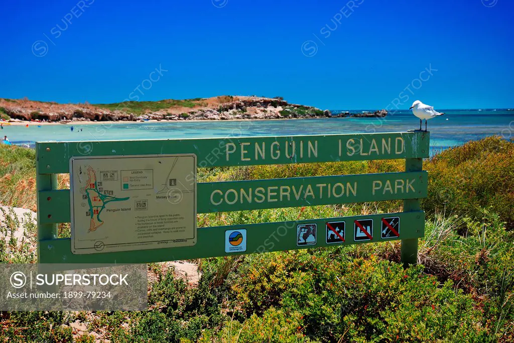 Penguin Island Conservation Park sign, the island is home to Western Australia's largest population of Little penguins Shoal water Islands Marine Park, Rockingham, Western Australia