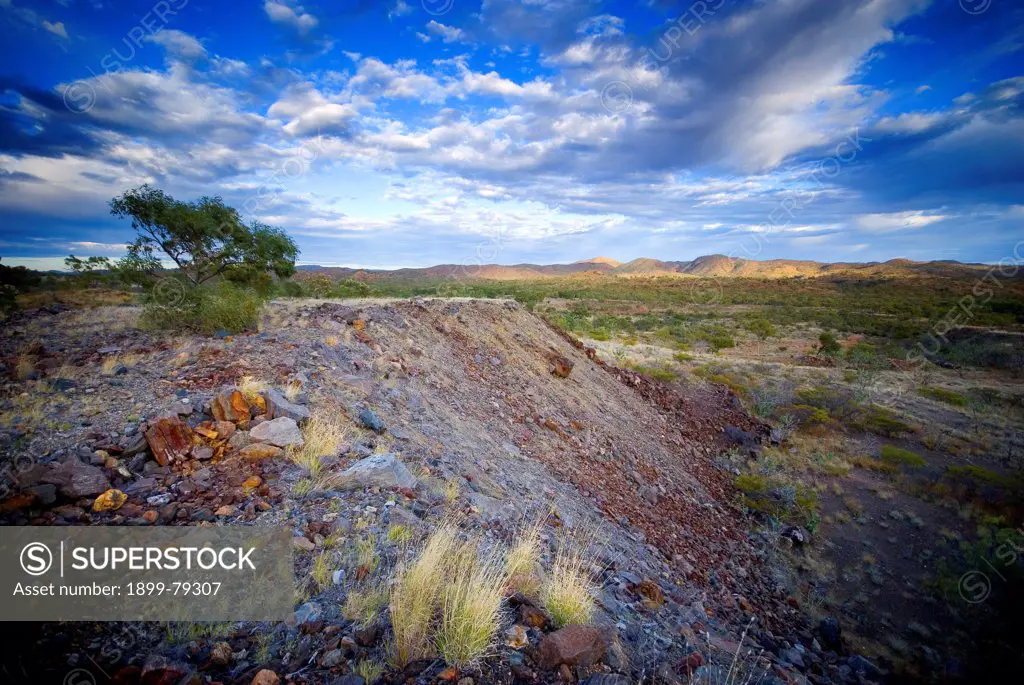 Piles of overburden at abandoned uranium mine, Selwyn Range between Mount Isa and Cloncury, Queensland, Australia