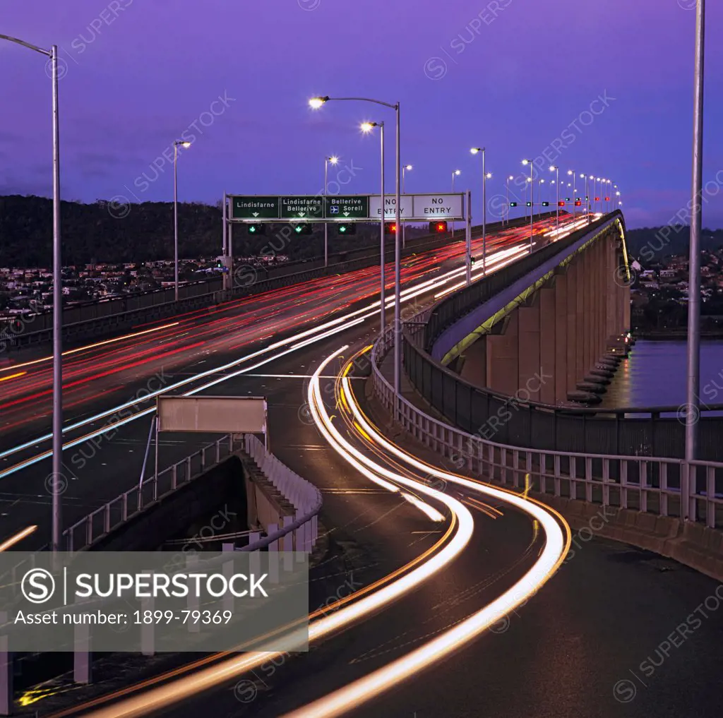 Evening Commuters traffic on Tasman Bridge, Hobart, Tasmania, Australia