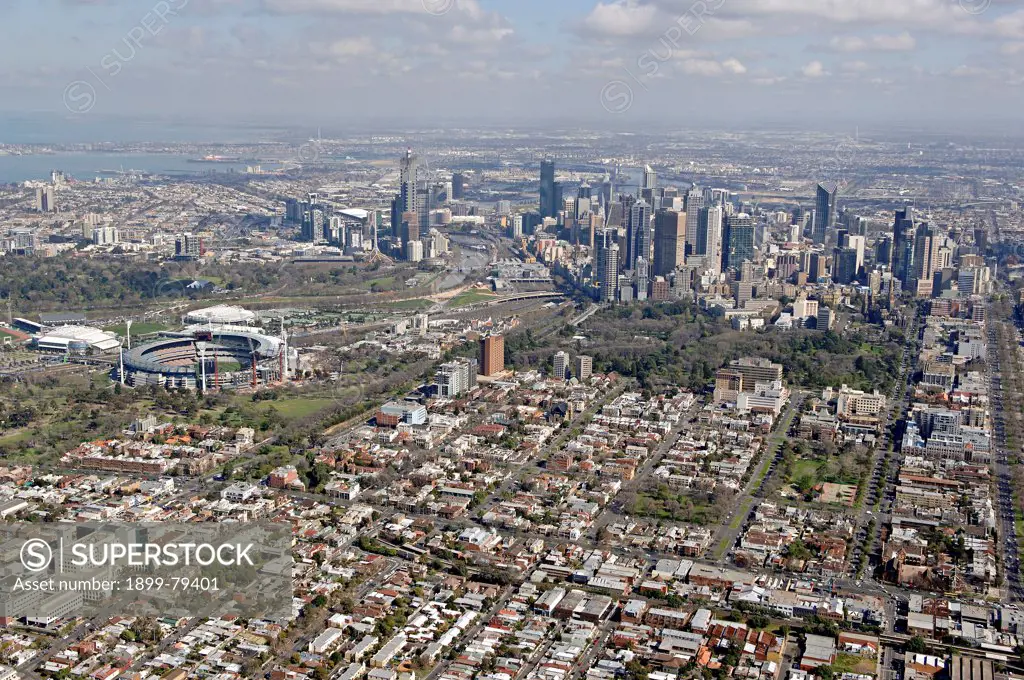 Melbourne from the air, from the east with the Melbourne Cricket Ground on the left, Melbourne, Victoria, Australia