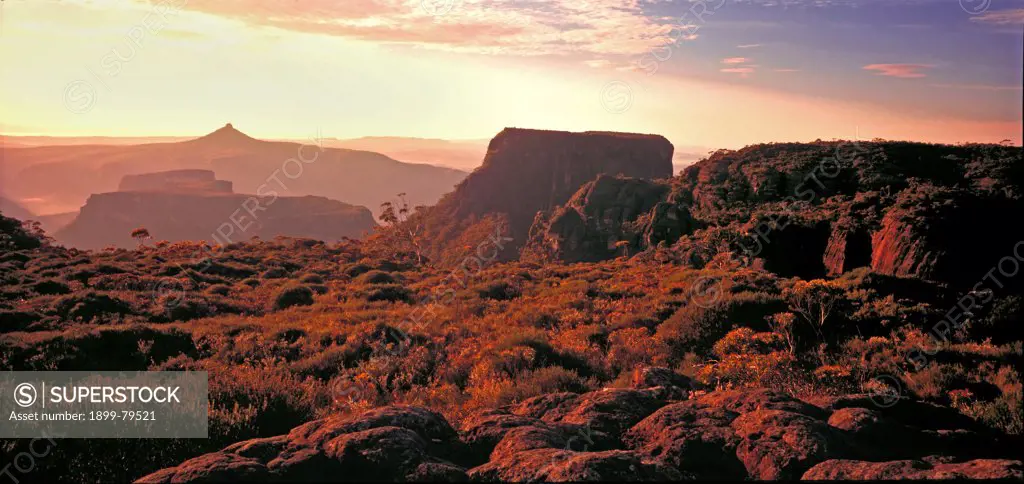Pigeon House Mountain, the Castle and Mt Mooryan from Shrouded Gods Mountain at sunrise, Budawang Wilderness Area, New South Wales, Australia