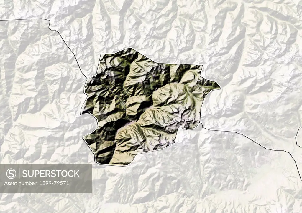 Relief map of Andorra (with border and mask). This image was compiled from data acquired by landsat 5 & 7 satellites combined with elevation data.