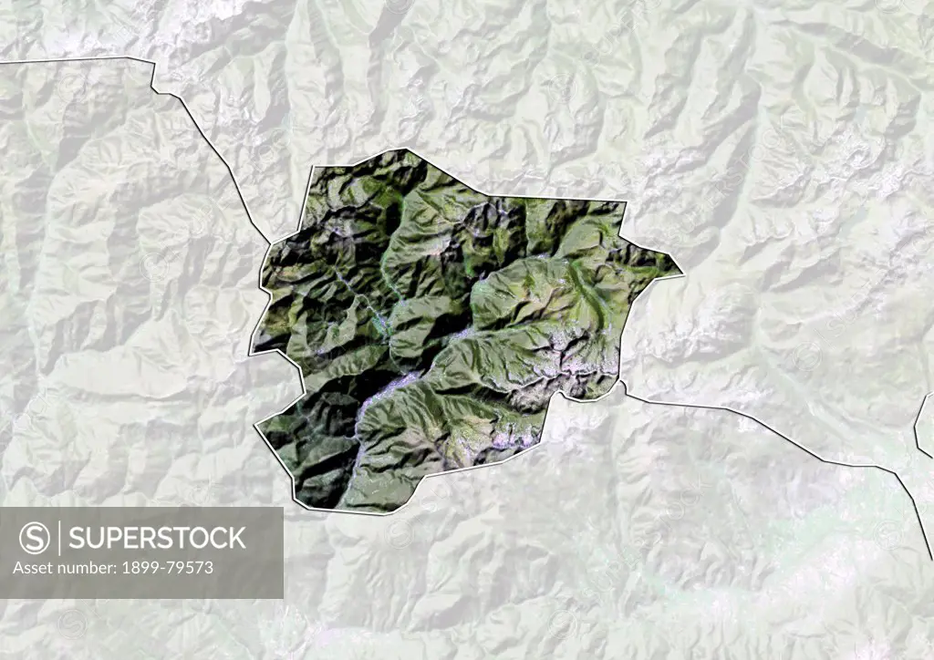 Satellite view of Andorra with Bump Effect (with border and mask). This image was compiled from data acquired by LANDSAT 5 & 7 satellites.