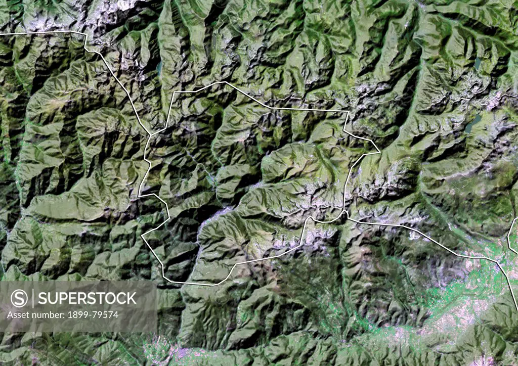 Satellite view of Andorra with Bump Effect (with border). This image was compiled from data acquired by LANDSAT 5 & 7 satellites.
