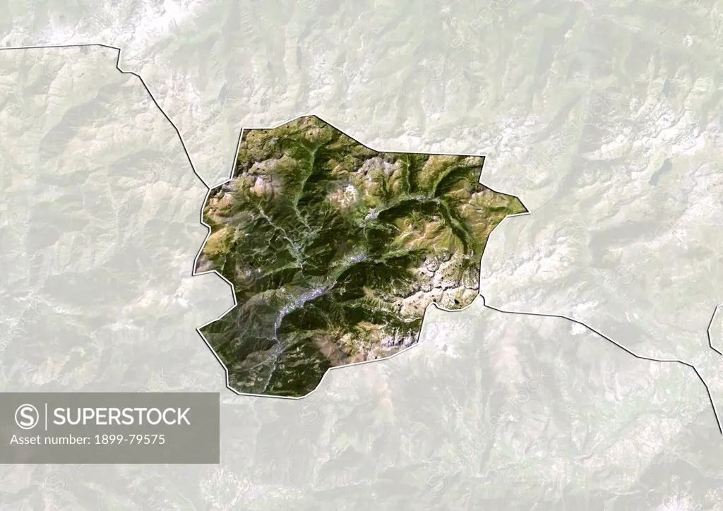 Satellite view of Andorra (with border and mask). This image was compiled from data acquired by LANDSAT 5 & 7 satellites.