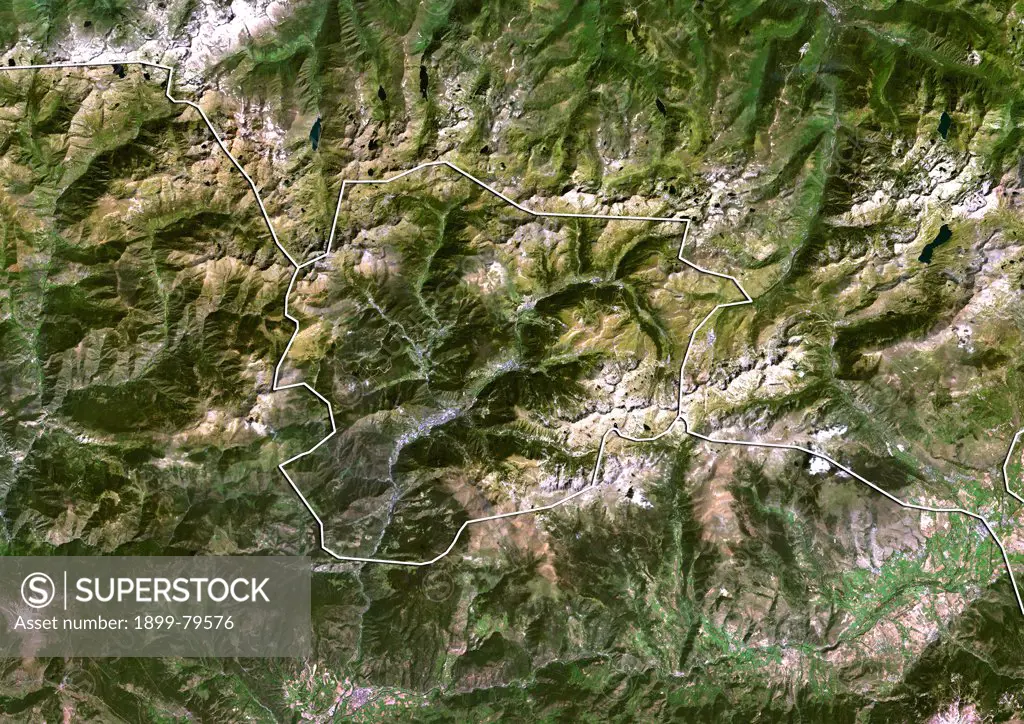 Satellite view of Andorra (with border). This image was compiled from data acquired by LANDSAT 5 & 7 satellites.