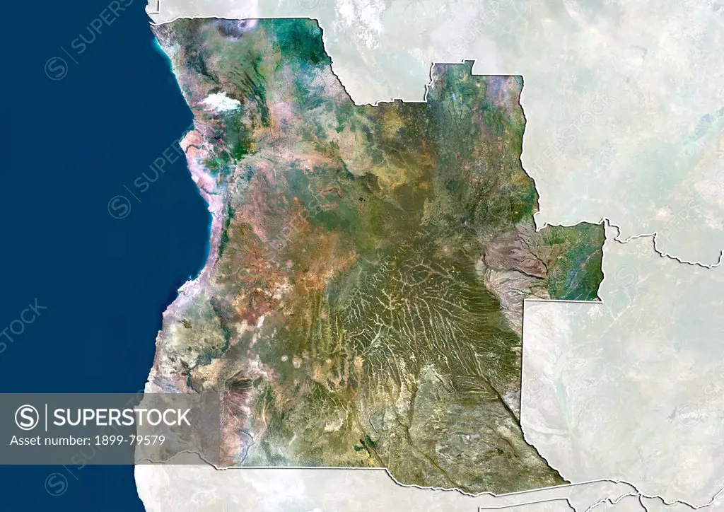 Satellite view of Angola (with border and mask). This image was compiled from data acquired by LANDSAT 5 & 7 satellites.