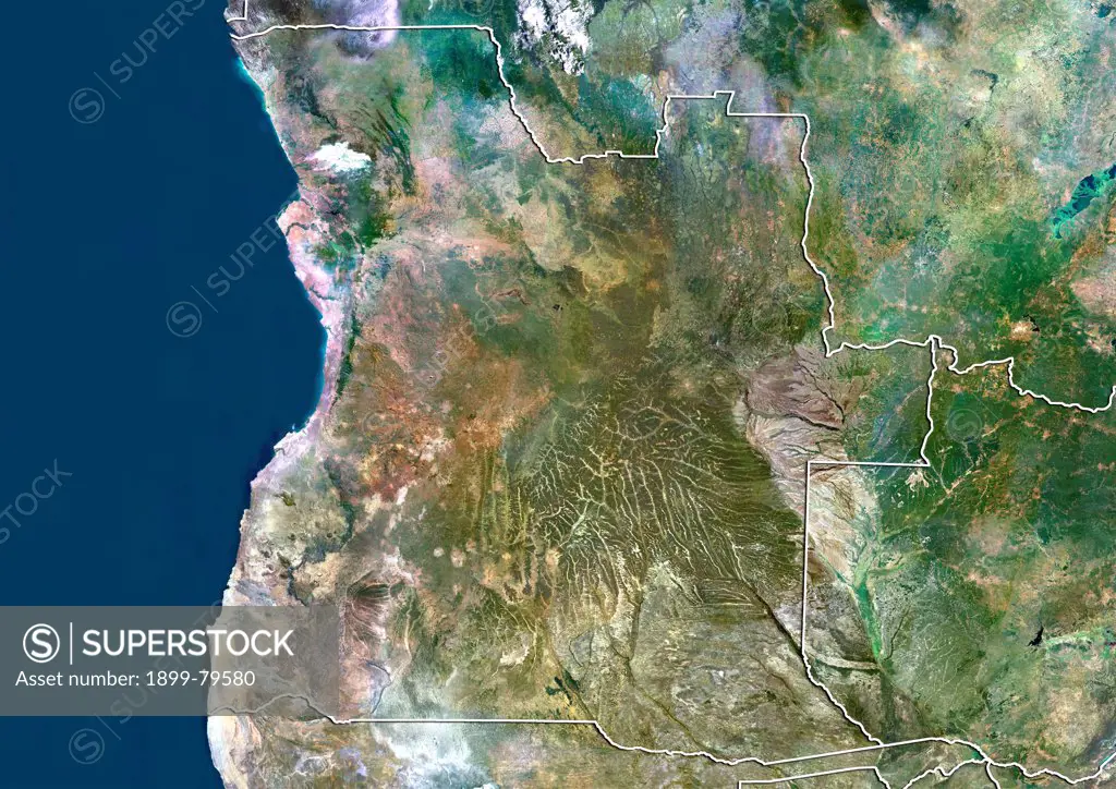 Satellite view of Angola (with border). This image was compiled from data acquired by LANDSAT 5 & 7 satellites.