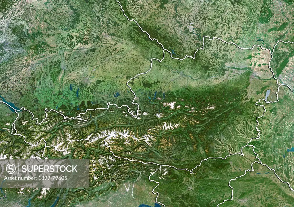 Satellite view of Austria (with border). This image was compiled from data acquired by LANDSAT 5 & 7 satellites.