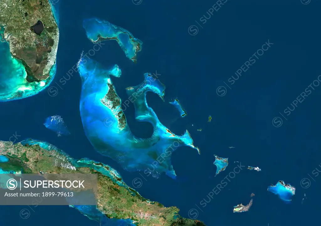 Satellite view of The Bahamas. This image was compiled from data acquired by LANDSAT 5 & 7 satellites.