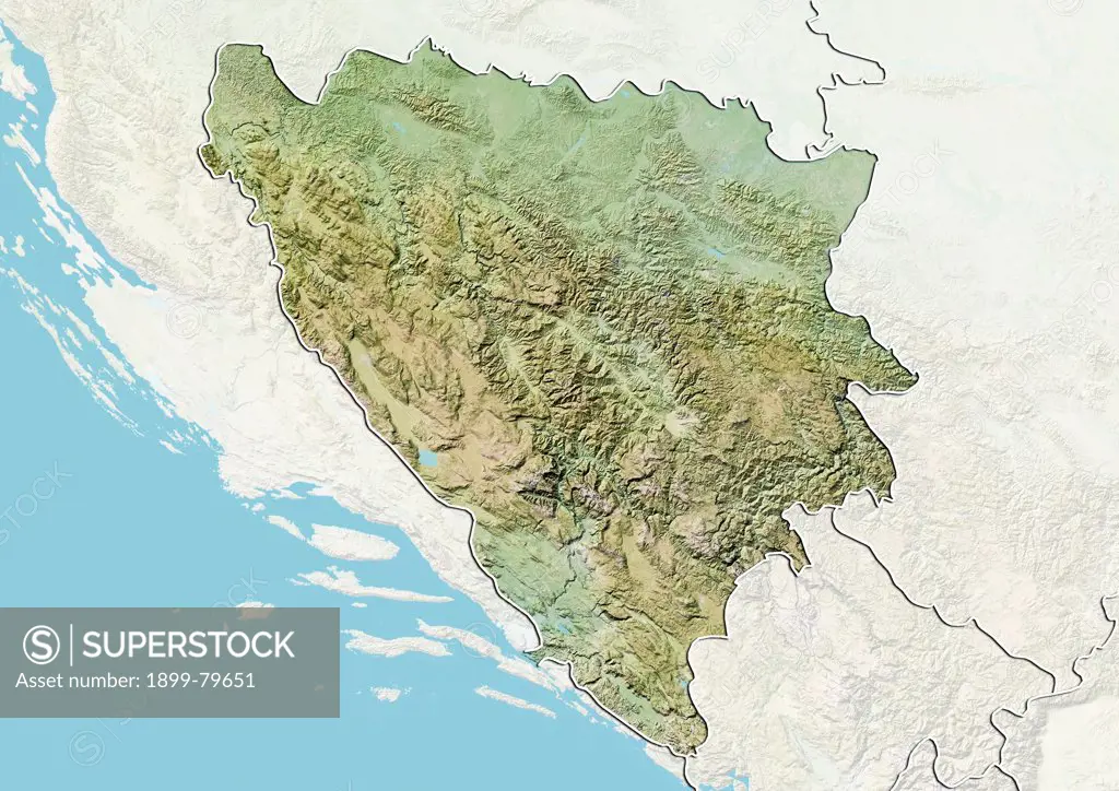 Relief map of Bosnia and Herzegovina (with border and mask). This image was compiled from data acquired by landsat 5 & 7 satellites combined with elevation data.