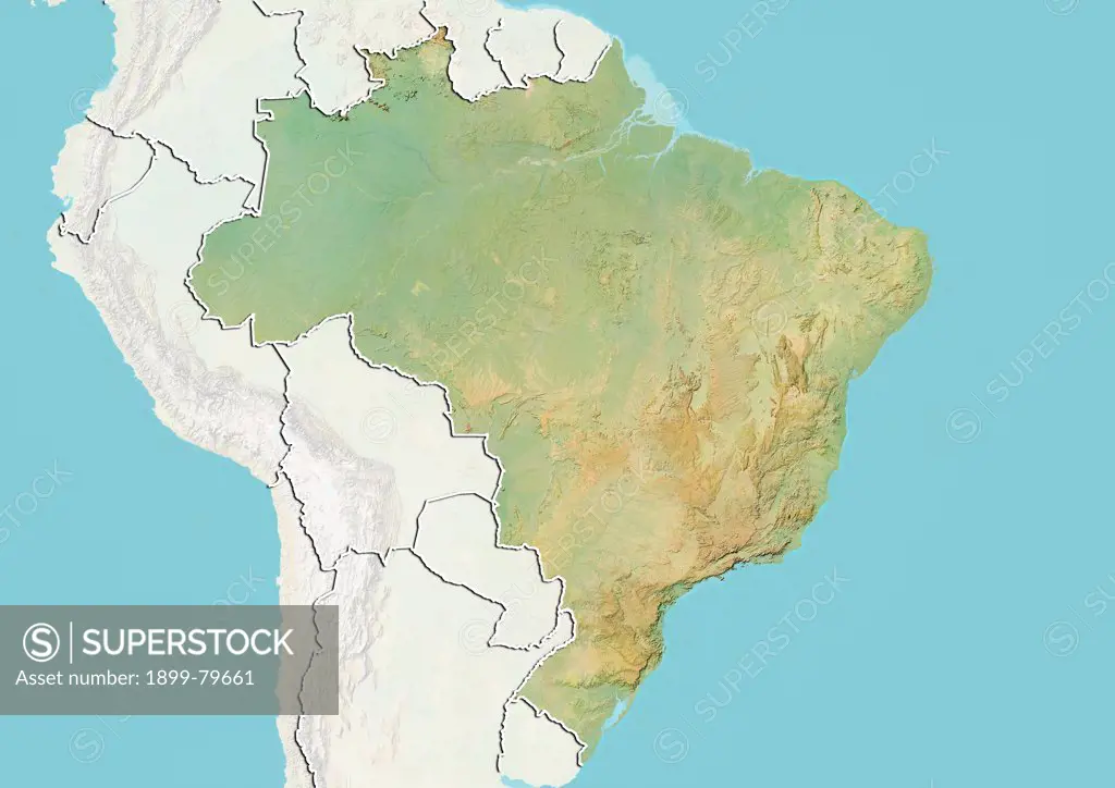Relief map of Brazil (with border and mask). This image was compiled from data acquired by landsat 5 & 7 satellites combined with elevation data.
