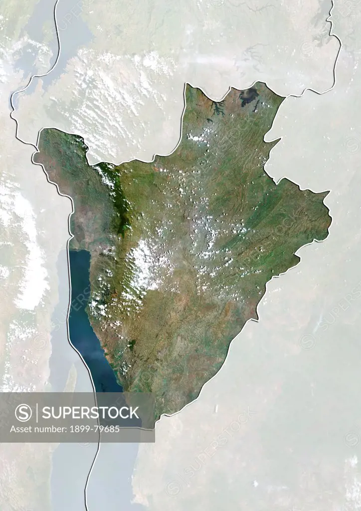 Satellite view of Burundi (with border and mask). This image was compiled from data acquired by LANDSAT 5 & 7 satellites.