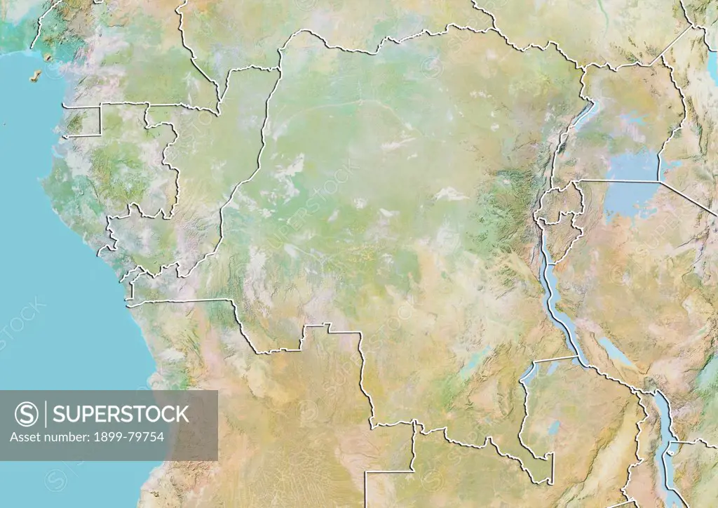Relief map of Democratic Republic of Congo (with border). This image was compiled from data acquired by LANDSAT 5 & 7 satellites combined with elevation data.