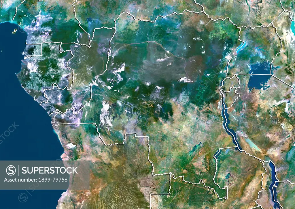 Satellite view of Democratic Republic of Congo (with border). This image was compiled from data acquired by LANDSAT 5 & 7 satellites.