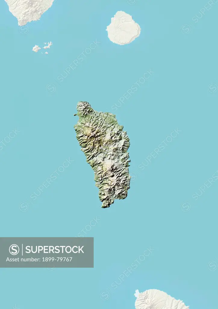 Relief map of Dominica (with border and mask). This image was compiled from data acquired by landsat 5 & 7 satellites combined with elevation data.
