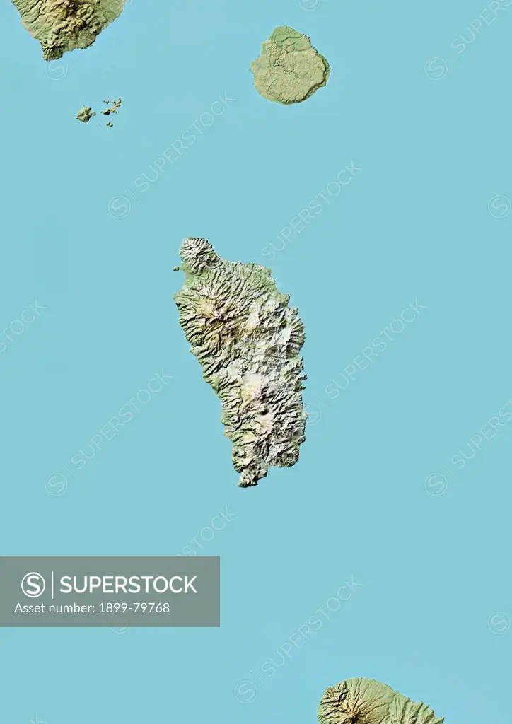 Relief map of Dominica (with border). This image was compiled from data acquired by LANDSAT 5 & 7 satellites combined with elevation data.