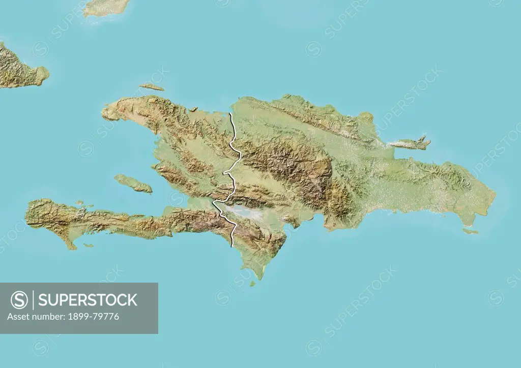 Relief map of The Dominican Republic and Haiti (with border). This image was compiled from data acquired by LANDSAT 5 & 7 satellites combined with elevation data.