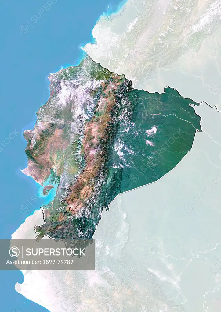 Satellite view of Ecuador with Bump Effect (with border and mask). This image was compiled from data acquired by LANDSAT 5 & 7 satellites.