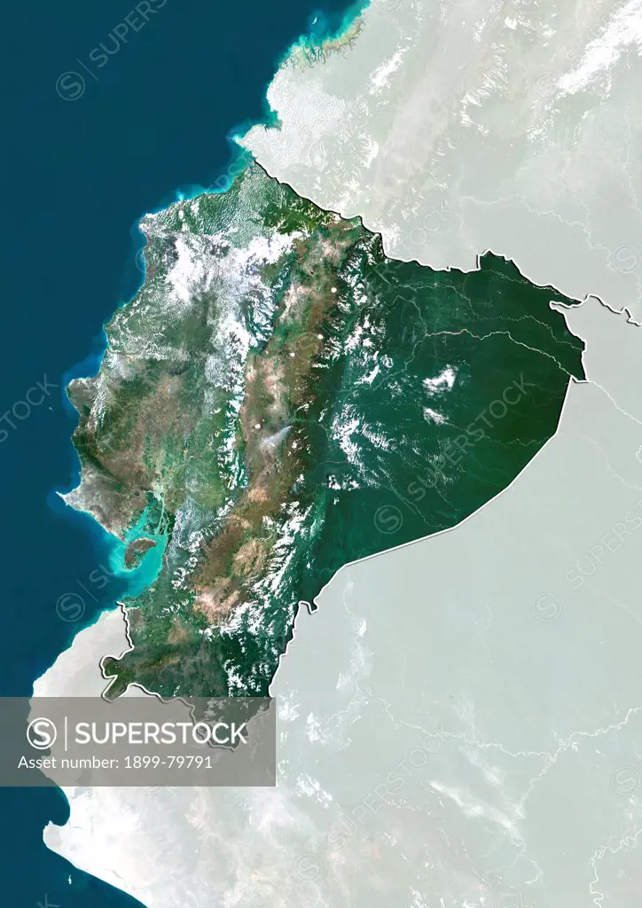 Satellite view of Ecuador (with border and mask). This image was compiled from data acquired by LANDSAT 5 & 7 satellites.