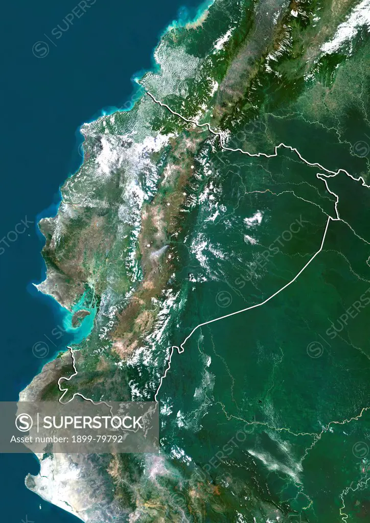 Satellite view of Ecuador (with border). This image was compiled from data acquired by LANDSAT 5 & 7 satellites.