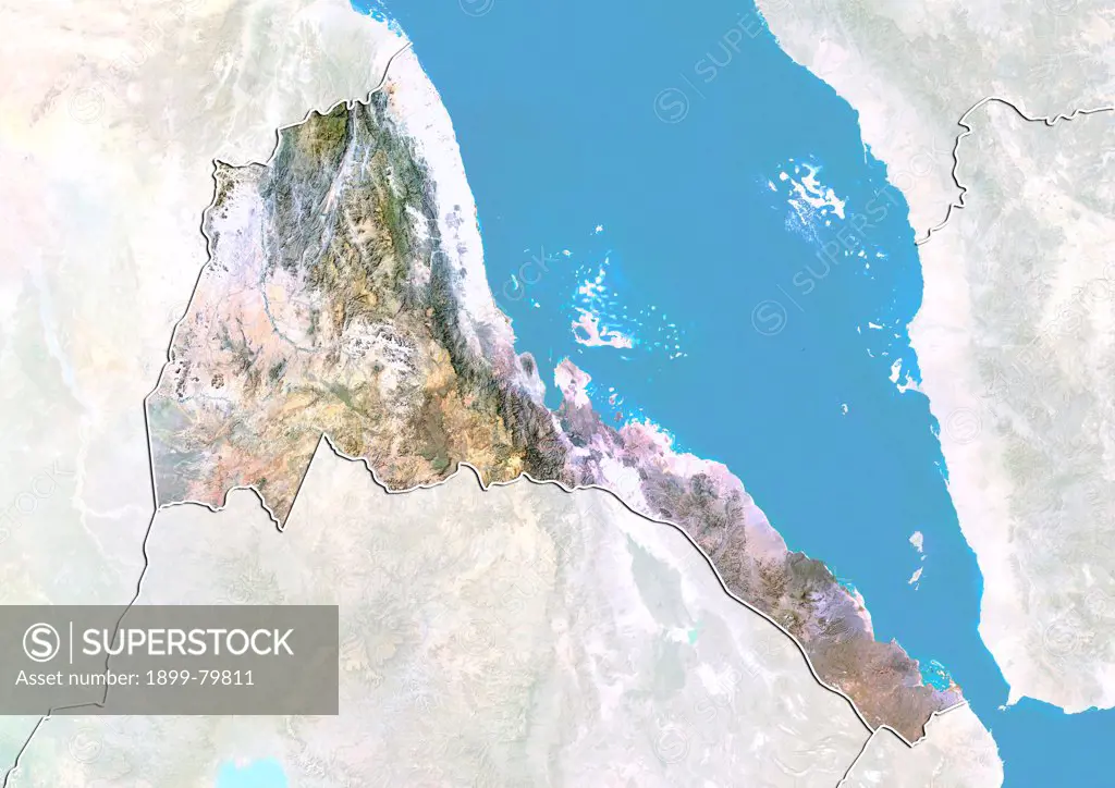 Satellite view of Eritrea with Bump Effect (with border and mask). This image was compiled from data acquired by LANDSAT 5 & 7 satellites.