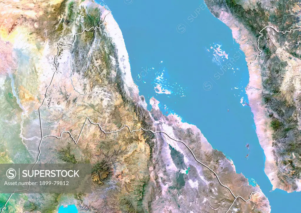 Satellite view of Eritrea with Bump Effect (with border). This image was compiled from data acquired by LANDSAT 5 & 7 satellites.