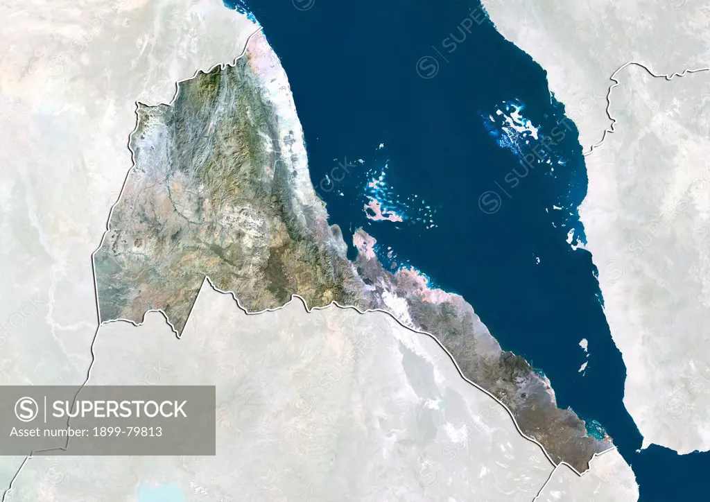 Satellite view of Eritrea (with border and mask). This image was compiled from data acquired by LANDSAT 5 & 7 satellites.