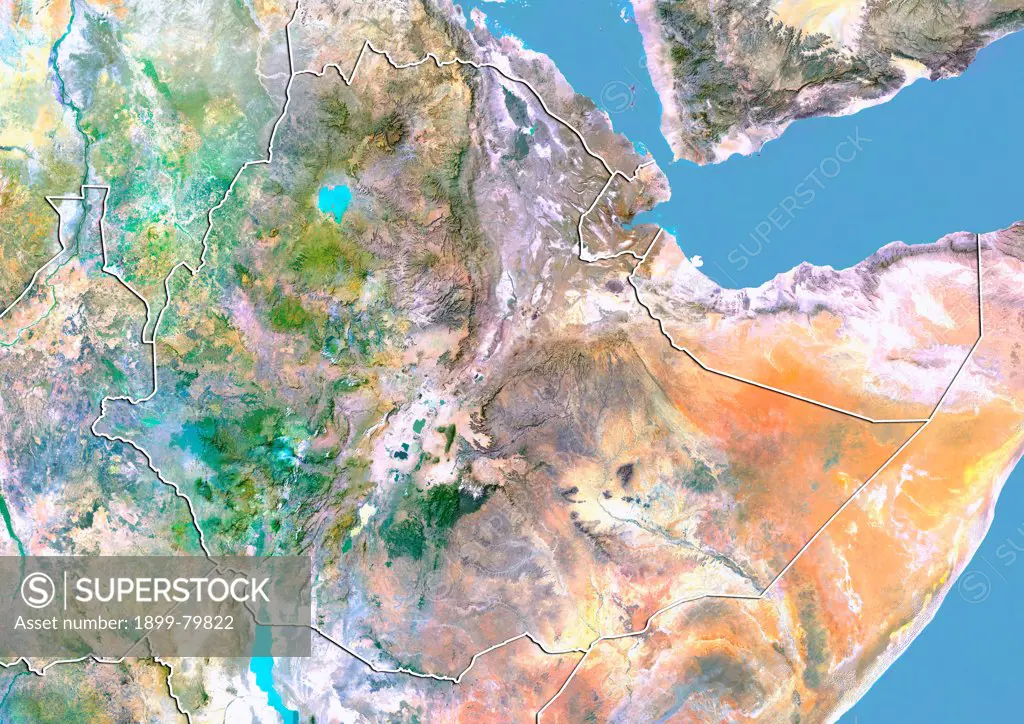 Satellite view of Ethiopia with Bump Effect (with border). This image was compiled from data acquired by LANDSAT 5 & 7 satellites.