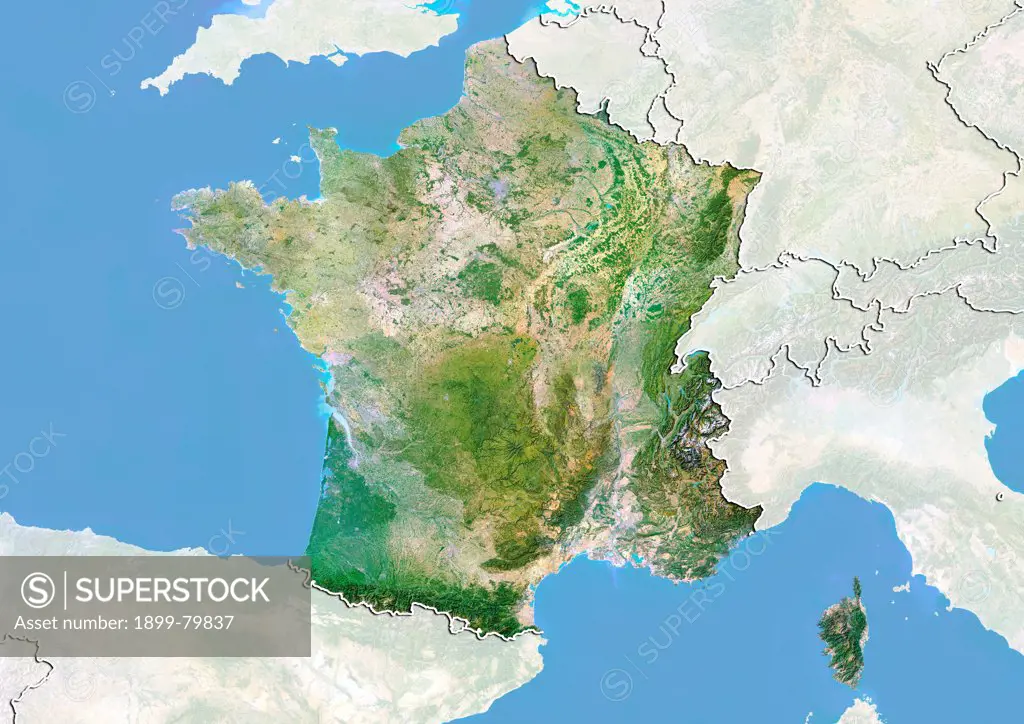 Satellite view of France with Bump Effect (with border and mask). This image was compiled from data acquired by LANDSAT 5 & 7 satellites.