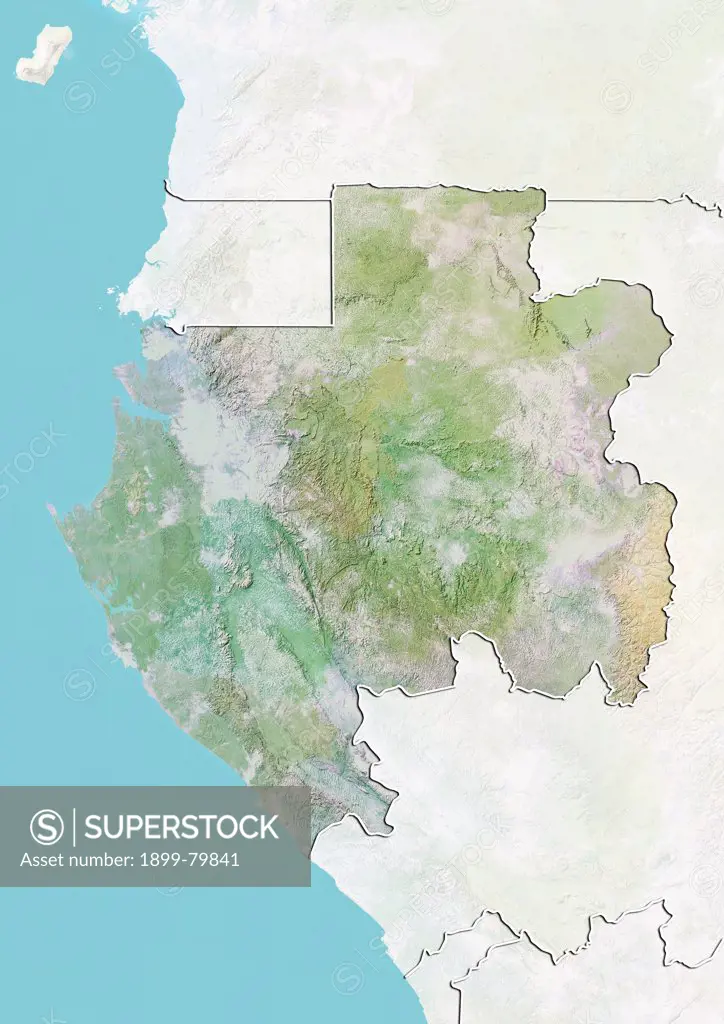 Relief map of Gabon (with border and mask). This image was compiled from data acquired by landsat 5 & 7 satellites combined with elevation data.