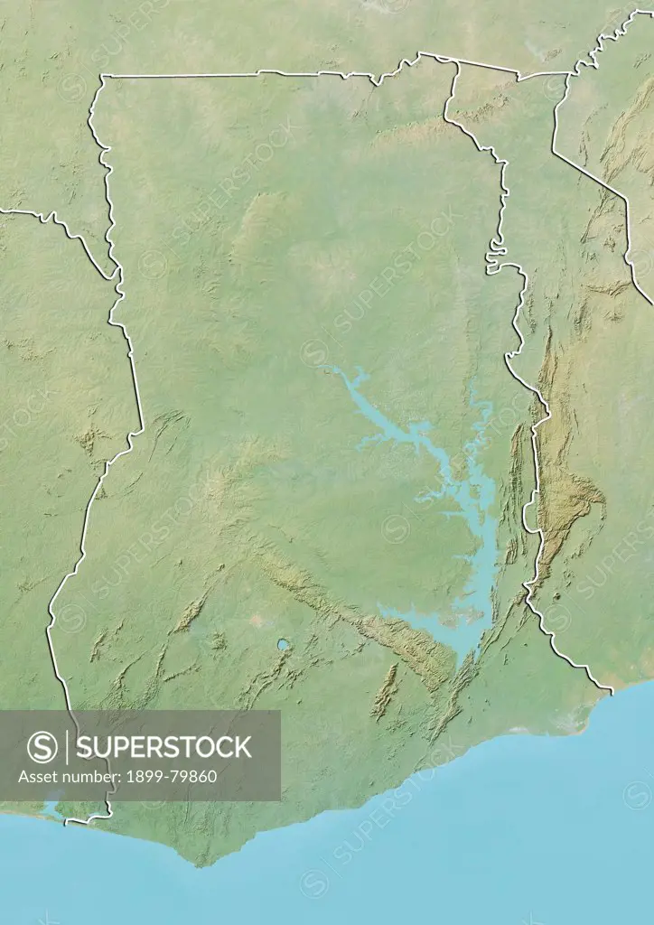 Relief map of Ghana (with border). This image was compiled from data acquired by LANDSAT 5 & 7 satellites combined with elevation data.
