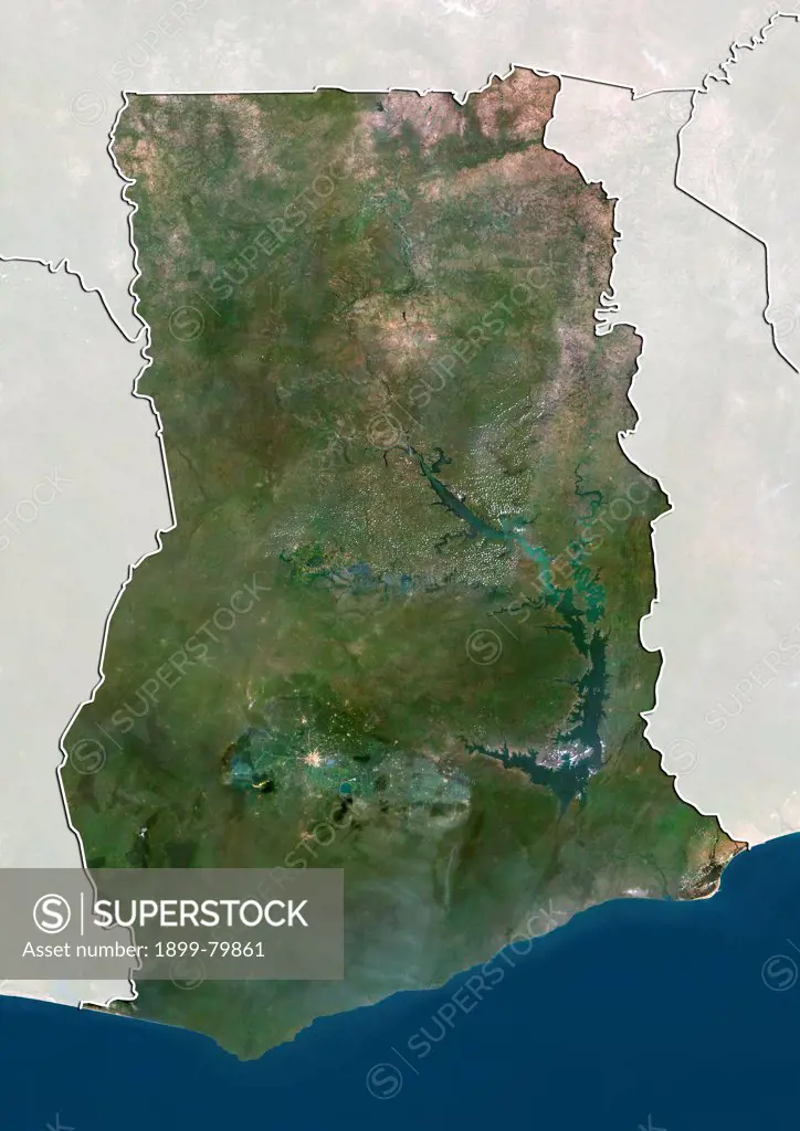 Satellite view of Ghana (with border and mask). This image was compiled from data acquired by LANDSAT 5 & 7 satellites.