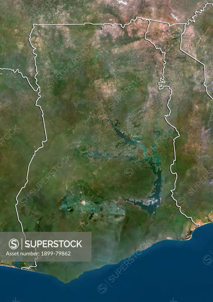Satellite view of Ghana (with border). This image was compiled from data acquired by LANDSAT 5 & 7 satellites.