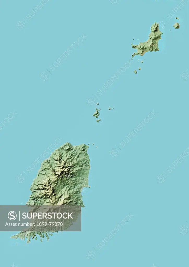 Relief map of Grenada. This image was compiled from data acquired by landsat 5 & 7 satellites combined with elevation data.